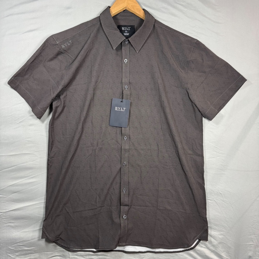NWT BYLT Premium Basics Riviera Short Sleeve Button Down Shirt Tile Grey Mens XL